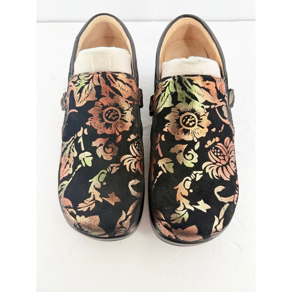 Alegria Keli Professional Clogs Black Metallic Floral Velvet Slip On Shoes